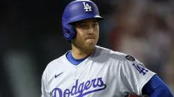 Shohei Ohtani #17 of the Los Angeles Dodgers reacts after hitting into a triple play against the Los Angeles Angels.