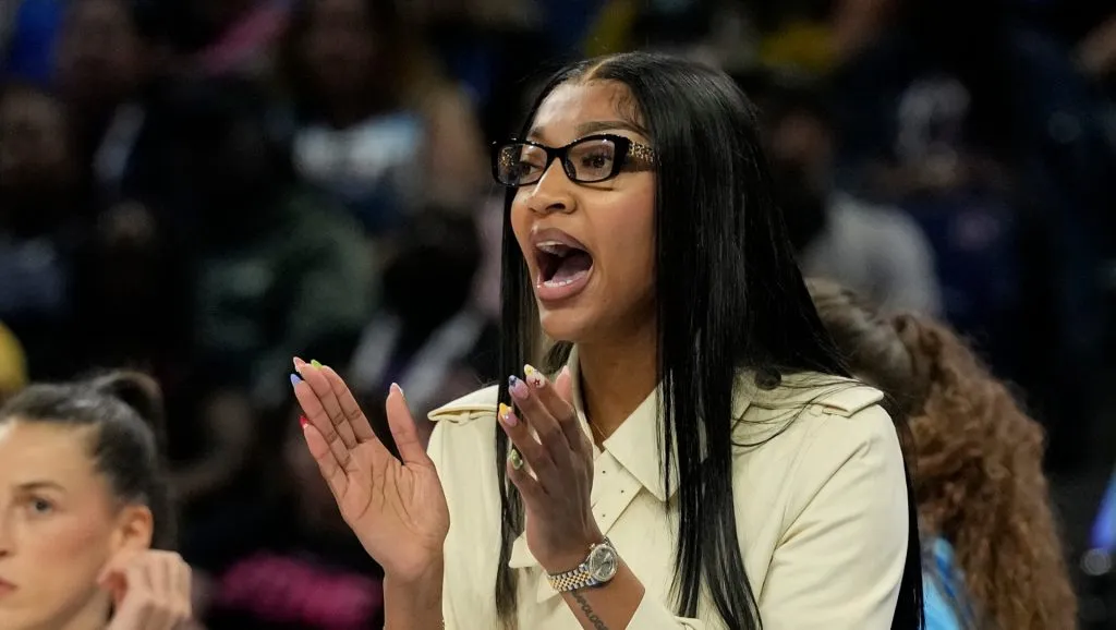 Angel Reese cheers for Chicago Sky (Patrick McDermott/Getty Images)