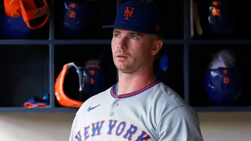 Pete Alonso #20 of the New York Mets before the game against the Milwaukee Brewers at American Family Field on August 08, 2025 in Milwaukee, Wisconsin.