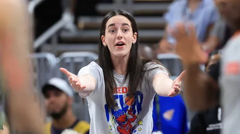 Caitlin Clark #22 of the Indiana Fever reacts during the first quarter against the Dallas Wings