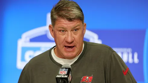 General manager Jason Licht of the Tampa Bay Buccaneers speaks to the media during the NFL Combine at the Indiana Convention Center on February 27, 2024 in Indianapolis, Indiana.