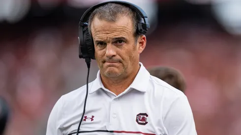 Head coach Shane Beamer of the South Carolina Gamecocks looks on in the second quarter during their game against the Mississippi Rebels at Williams-Brice Stadium on October 05, 2024 in Columbia, South Carolina.