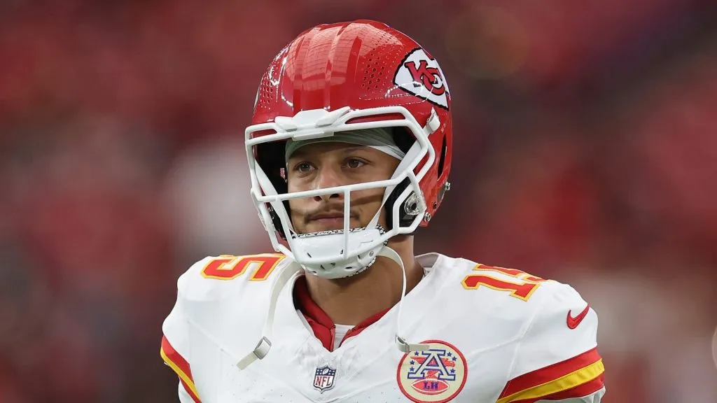 Quarterback Patrick Mahomes #15 of the Kansas City Chiefs runs on the field before the start of the NFL Preseason 2025 game against the Arizona Cardinals at State Farm Stadium on August 09, 2025 in Glendale, Arizona.