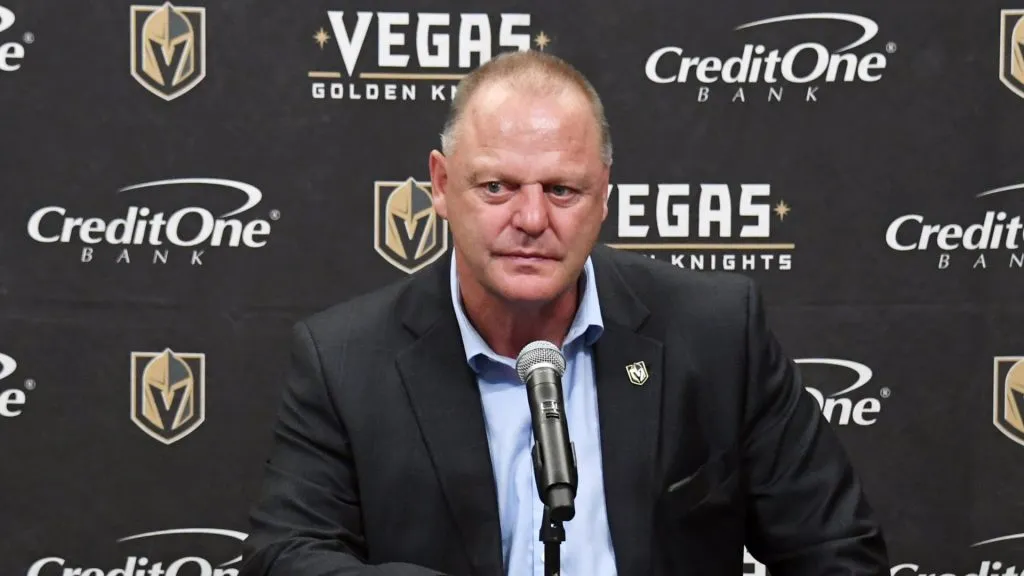 Head coach Gerard Gallant of the Vegas Golden Knights speaks during a news conference following his team’s 2-0 win over the Los Angeles Kings in their preseason game at T-Mobile Arena on September 28, 2018 in Las Vegas, Nevada.