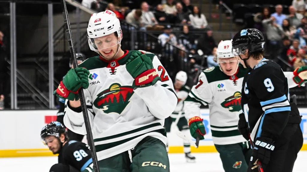 Marco Rossi #23 of the Minnesota Wild celebrates a goal during the third period of a game against the Utah Hockey Club at Delta Center on December 10, 2024 in Salt Lake City, Utah. (Photo by Alex Goodlett/Getty Images)