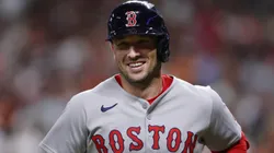 Alex Bregman #2 of the Boston Red Sox reacts after a two run home run during the sixth inning against the Houston Astros at Daikin Park on August 12, 2025 in Houston, Texas.