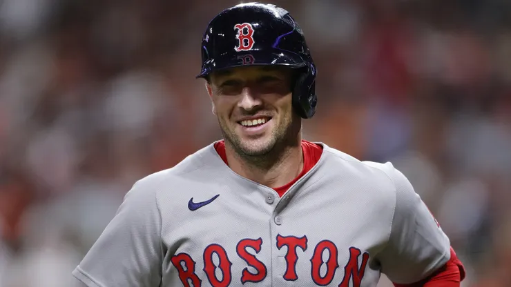 Alex Bregman #2 of the Boston Red Sox reacts after a two run home run during the sixth inning against the Houston Astros at Daikin Park on August 12, 2025 in Houston, Texas.