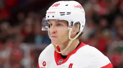 Patrick Kane #88 of the Detroit Red Wings looks on against the Chicago Blackhawks during the first period at the United Center on November 06, 2024 in Chicago, Illinois.