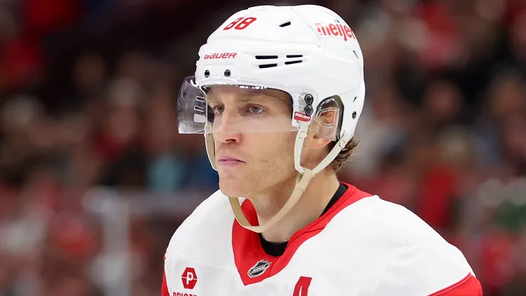 Patrick Kane #88 of the Detroit Red Wings looks on against the Chicago Blackhawks during the first period at the United Center on November 06, 2024 in Chicago, Illinois.