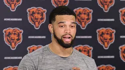 Caleb Williams of the Chicago Bears speaks to the media ahead of the start of Chicago Bears Training Camp
