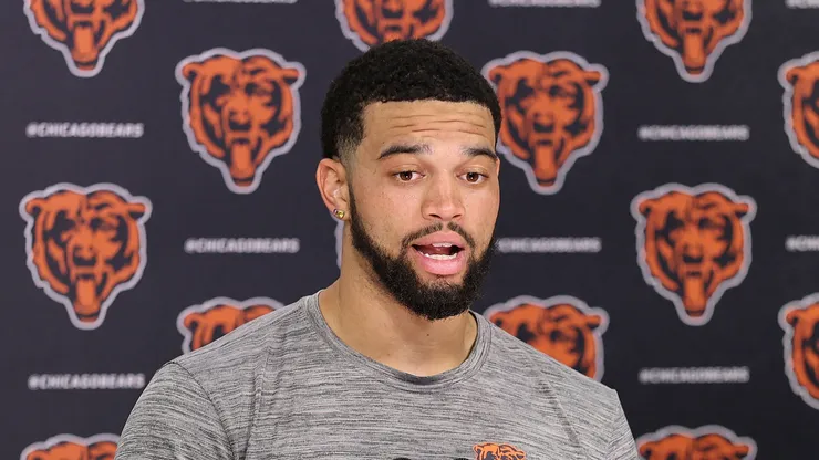 Caleb Williams of the Chicago Bears speaks to the media ahead of the start of Chicago Bears Training Camp