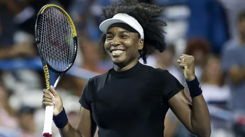 Venus Williams reacts after winning a women's single match against Peyton Stearns during on day 2 of the Mubadala Citi DC Open 2025 at William H.G. FitzGerald Tennis Center on July 22, 2025 in Washington, DC.
