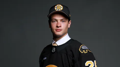 James Hagens poses for a portrait after being drafted by the Boston Bruins with the seventh overall pick during the first round of the 2025 Upper Deck NHL Draft at JW Marriott Los Angeles L.A. LIVE on June 27, 2025 in Los Angeles, California.