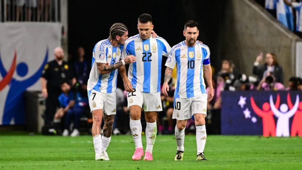 Rodrigo De Paul, Lautaro Martinez and Lionel Messi of Argentina celebrates the team’s first goal against Ecuador during the 2024 Copa America. (Logan Riely/Getty Images)