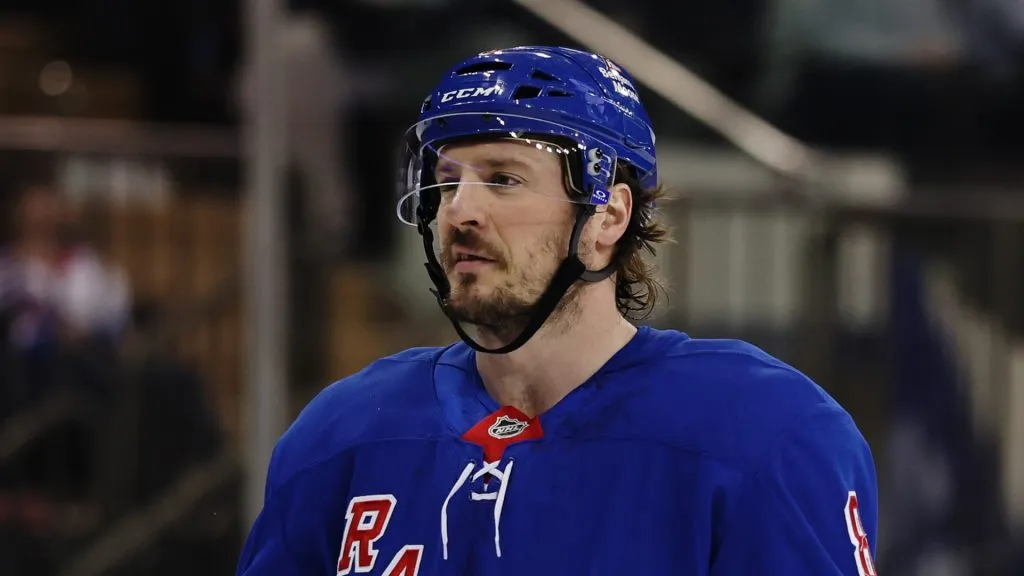 J.T. Miller #8 of the New York Rangers in action during the game against the Toronto Maple Leafs at Madison Square Garden on March 20, 2025 in New York City