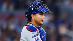 Miguel Amaya #9 of the Chicago Cubs celebrates at the end of the first inning.