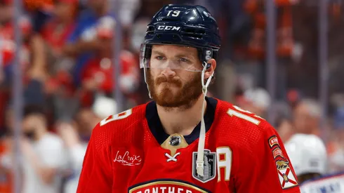 Matthew Tkachuk #19 of the Florida Panthers looks on prior to game Game Seven of the 2024 Stanley Cup Final against the Edmonton Oilers at Amerant Bank Arena on June 24, 2024 in Sunrise, Florida.
