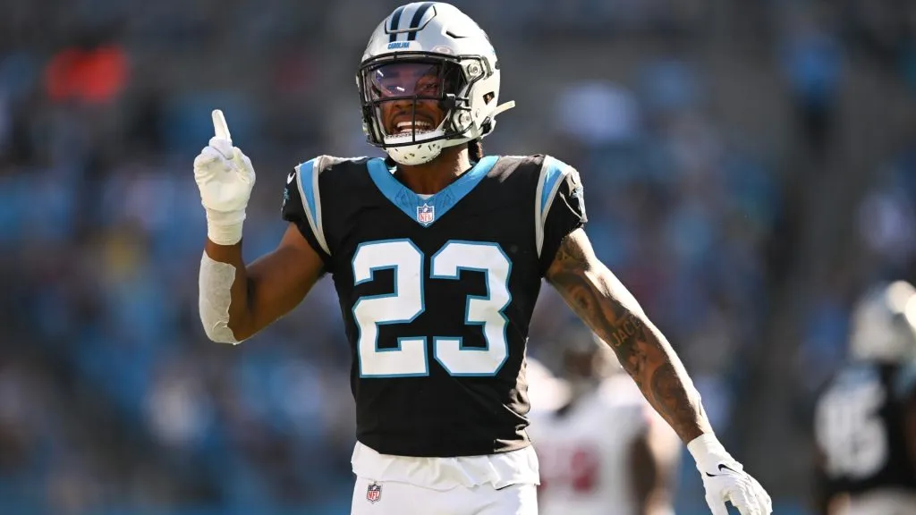 CJ Henderson #23 of the Carolina Panthers reacts to a play during the third quarter of the game against the Houston Texans at Bank of America Stadium on October 29, 2023 in Charlotte, North Carolina.