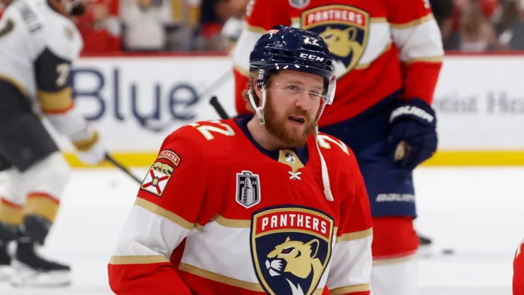 Zac Dalpe #22 of the Florida Panthers during warmups prior to Game Four of the 2023 NHL Stanley Cup Final against the Vegas Golden Knights at FLA Live Arena on June 10, 2023 in Sunrise, Florida