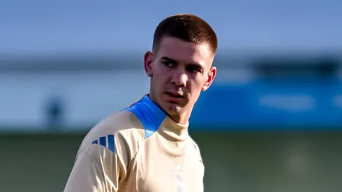 Franco Mastantuono of Argentina looks on during a training session at Lionel Andres Messi Training Camp