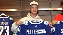 Elias Pettersson of the Vancouver Canucks talk ahead of the Laver Cup at Rogers Arena on September 19, 2023 in Vancouver, British Columbia.