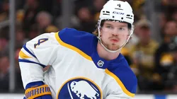 Bowen Byram #4 of the Buffalo Sabres passes the puck against the Boston Bruins during the second period at TD Garden on December 21, 2024 in Boston, Massachusetts.