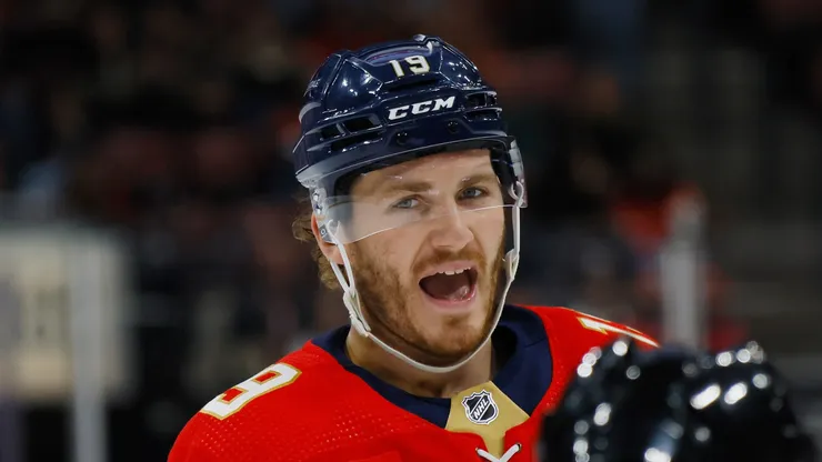 Matthew Tkachuk #19 of the Florida Panthers argues a third period penalty call during the game against the Buffalo Sabres at Amerant Bank Arena on February 27, 2024 in Sunrise, Florida.