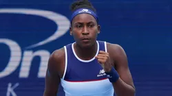 Coco Gauff of the United States reacts after winning a game during the match against Xinyu Wang of China during the Cincinnati Open.