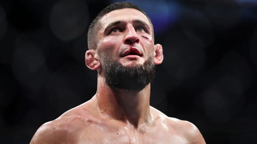 Khamzat Chimaev of Russia looks on after his welterweight fight against Gilbert Burns of Brazil during the UFC 273 event at VyStar Veterans Memorial Arena on April 09, 2022 in Jacksonville, Florida.