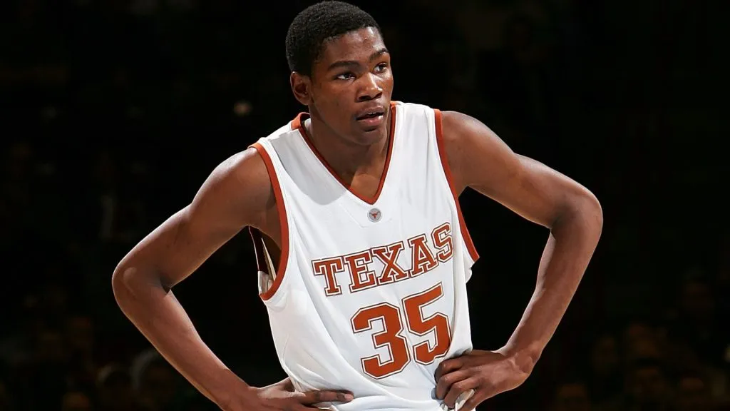 Kevin Durant looks on during a break in game action against the New Mexico State Aggies during the first round of the NCAA Men’s Basketball Tournament in 2007. (Source: Jonathan Ferrey/Getty Images)