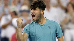 Carlos Alcaraz celebrates his win against Luca Nardi of Italy during the Cincinnati Open at Lindner Family Tennis Center.