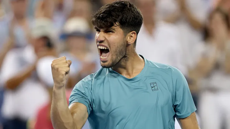 Carlos Alcaraz celebrates his win against Luca Nardi of Italy during the Cincinnati Open at Lindner Family Tennis Center.