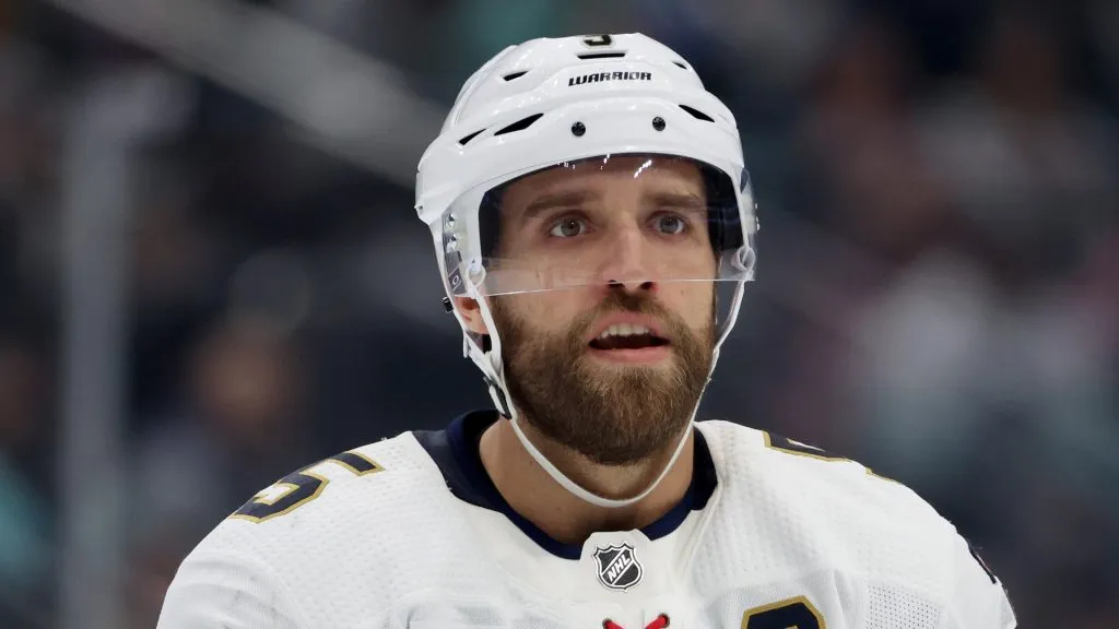 Aaron Ekblad #5 of the Florida Panthers looks on during the first period against the Seattle Kraken at Climate Pledge Arena on December 12, 2023 in Seattle, Washington.