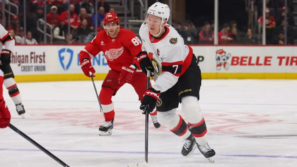 Brady Tkachuk #7 of the Ottawa Senators plays against the Detroit Red Wings at Little Caesars Arena on January 07, 2025 in Detroit, Michigan. (Photo by Gregory Shamus/Getty Images)