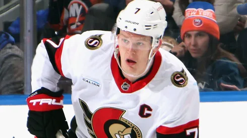 Brady Tkachuk of the Ottawa Senators looks on in an NHL game.