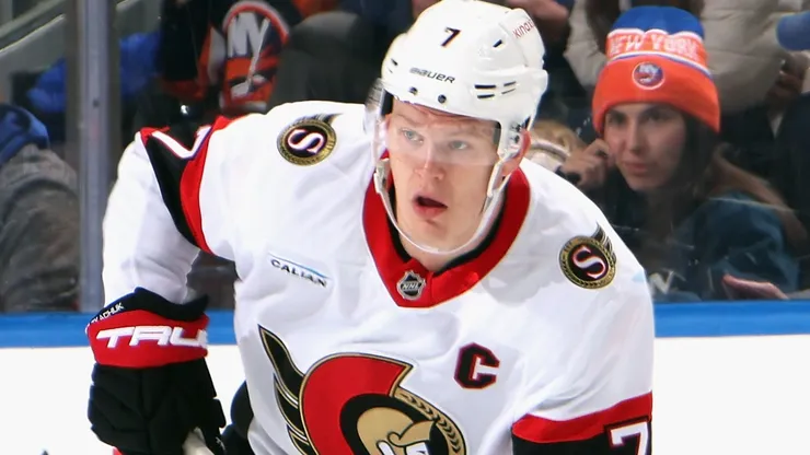 Brady Tkachuk of the Ottawa Senators looks on in an NHL game.