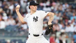 Cam Schlittler #31 of the New York Yankees pitches against the Tampa Bay Rays during their game at Yankee Stadium on July 28, 2025 in New York City. (Photo by Al Bello/Getty Images)