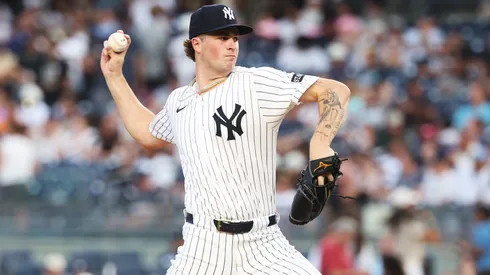 Cam Schlittler #31 of the New York Yankees pitches against the Tampa Bay Rays during their game at Yankee Stadium on July 28, 2025 in New York City. (Photo by Al Bello/Getty Images)