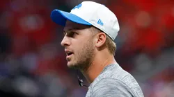 Jared Goff #16 of the Detroit Lions looks on during the first half of the NFL Preseason 2025 game between Detroit Lions and Atlanta Falcons at Mercedes-Benz Stadium on August 8, 2025 in Atlanta, Georgia.