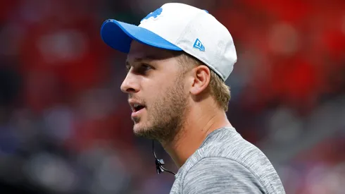 Jared Goff #16 of the Detroit Lions looks on during the first half of the NFL Preseason 2025 game between Detroit Lions and Atlanta Falcons at Mercedes-Benz Stadium on August 8, 2025 in Atlanta, Georgia.