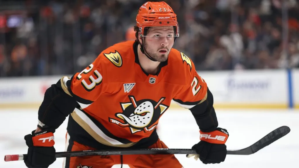 Mason McTavish #23 of the Anaheim Ducks looks on during the second period of a game against the Winnipeg Jets at Honda Center on December 18, 2024 in Anaheim, California. (Photo by Sean M. Haffey/Getty Images)