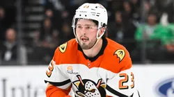 Mason McTavish #23 of the Anaheim Ducks competes in a shootout during the game against the Utah Hockey Club at Delta Center on December 22, 2024 in Salt Lake City, Utah.