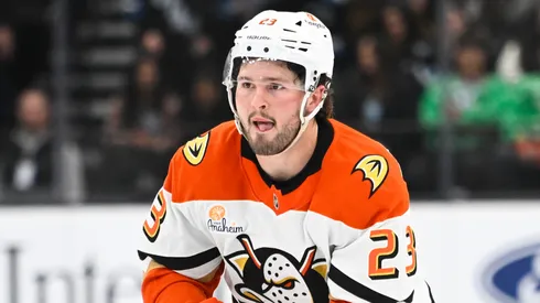 Mason McTavish #23 of the Anaheim Ducks competes in a shootout during the game against the Utah Hockey Club at Delta Center on December 22, 2024 in Salt Lake City, Utah.