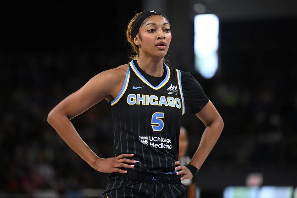 Angel Reese #5 of the Chicago Sky looks on against the Minnesota Lynx at Wintrust Arena on July 12, 2025 in Chicago, Illinois. (Photo by Daniel Bartel/Getty Images)