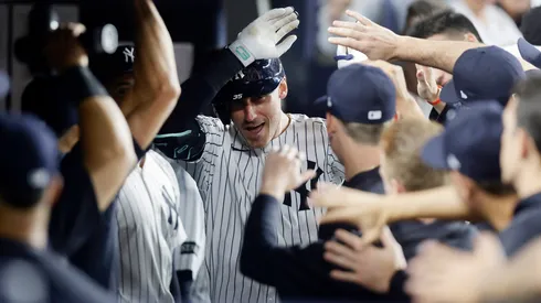 Cody Bellinger #35 of the New York Yankees celebrates his third inning home run against the Minnesota Twins.