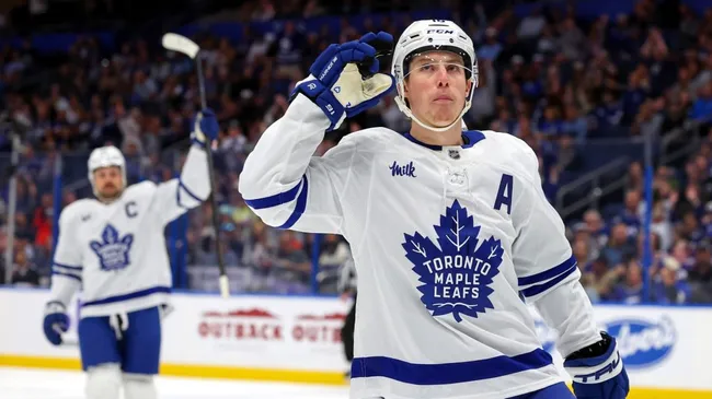 Mitch Marner #16 with the Toronto Maple Leafs (R) celebrates his goal against the Tampa Bay Lightning with Auston Matthews #34 during the first period at the Amalie Arena on April 9, 2025 in Tampa, Florida. (Photo by Mike Carlson/Getty Images)