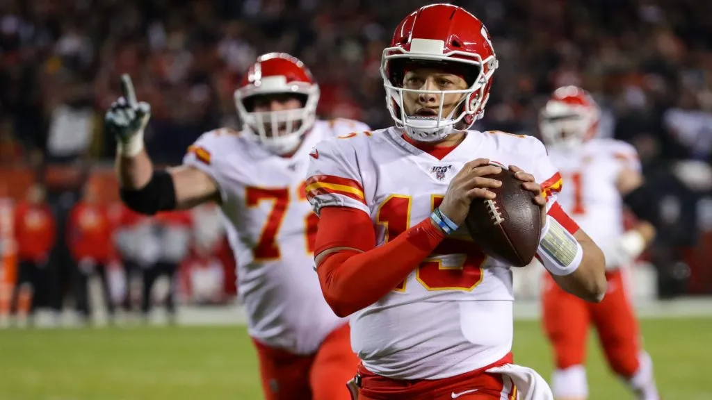 Quarterback Patrick Mahomes #15 of the Kansas City Chiefs runs in a touchdown against the Chicago Bears in the first quarter of the game at Soldier Field on December 22, 2019. (Source: Jonathan Daniel/Getty Images)