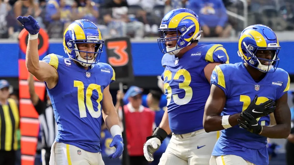 Cooper Kupp #10 of the Los Angeles Rams celebrates a touchdown during the first half in the game against the Detroit Lions at SoFi Stadium on October 24, 2021. (Source: Sean M. Haffey/Getty Images)