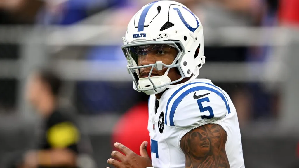Anthony Richardson Sr. #5 of the Indianapolis Colts warms up before the game against the Baltimore Ravens during the NFL Preseason 2025 at M&amp;T Bank Stadium on August 07, 2025 in Baltimore, Maryland.