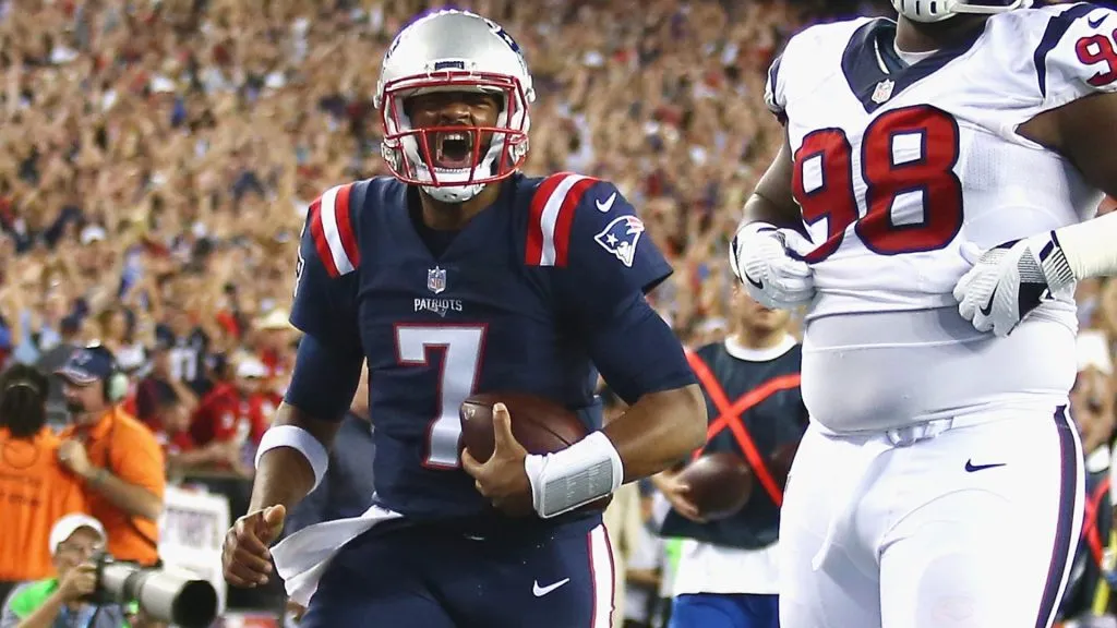Jacoby Brissett #7 of the New England Patriots celebrates scoring a touchdown during the first quarter against the Houston Texans at Gillette Stadium on September 22, 2016. (Source: Adam Glanzman/Getty Images)
